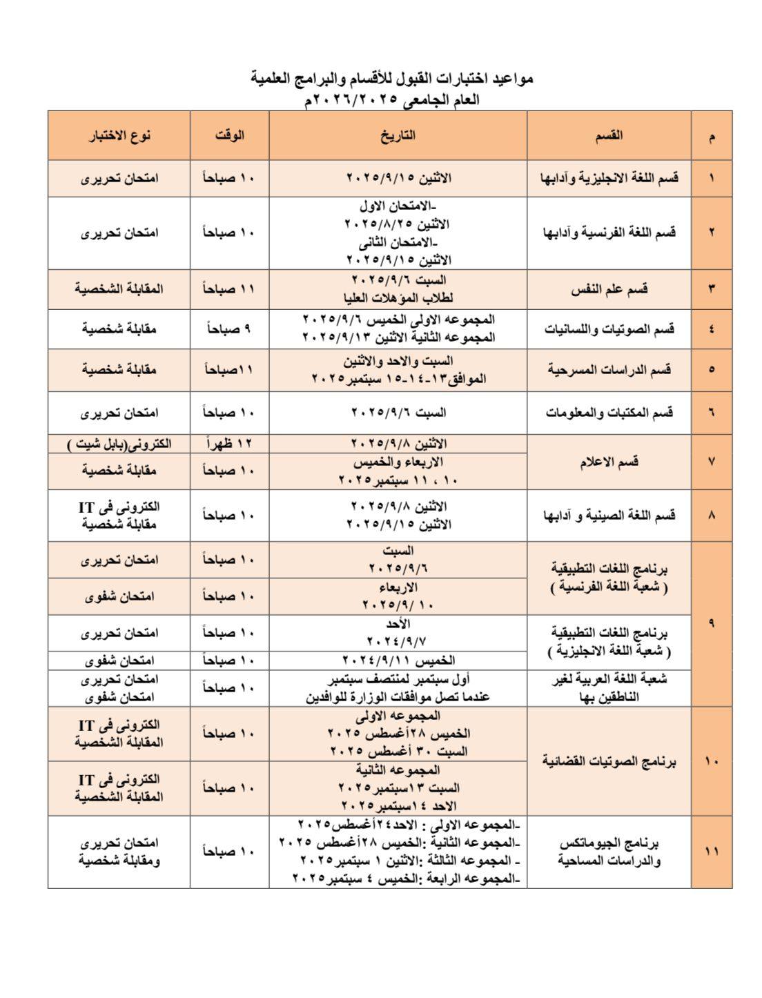 مواعيد اختبارات أقسام كلية الآداب جامعة الإسكندرية 2025